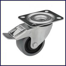 TLS-PAGU 100G-FE / Szürke elasztikus gumi kerék, nyommentes, golyóscsapágy, talpas önbeálló forgóvilla fékkel  – ipari kerék, intézményi kerék