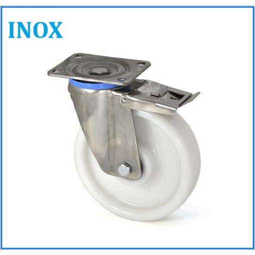 TLHX-POKS 160G-FE / INOX talpas forgó-fékes villa, poliamidkerék,inox golyóscsapágy, 700 Kg