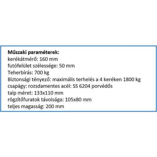 TLHX-POKS 160G-FE / INOX talpas forgó-fékes villa, poliamidkerék,inox golyóscsapágy, 700 Kg