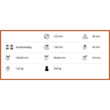 TLM-ALPU 125G-FE/300 Kg teherbírású, talpas forgó-fékes villa, poliuretán futófelület, ALU.felni, golyóscsapágy - nagy teherbírású ipari kerék