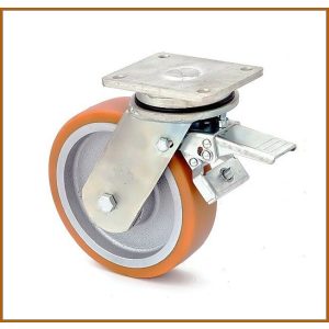 TLH OVPU 200G FE 200 mm poliuretán forgó fékes ipari kerék talpas öntöttvas felni