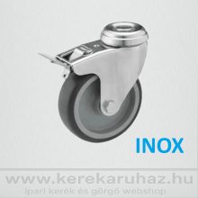XBOS-TPA 075S-FE / INOX, hátfuratos forgó-fékes villa, szürkegumis kerék, siklócsapágy 60 Kg