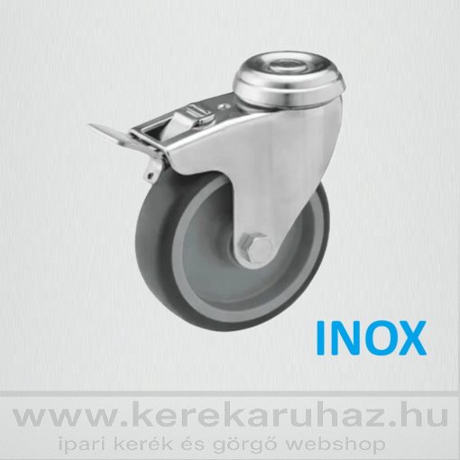 XBOS-TPA 075S-FE / INOX, hátfuratos forgó-fékes villa, szürkegumis kerék, siklócsapágy 60 Kg