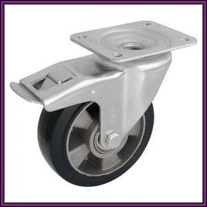   TLM-ALGU 200G-FE / Elasztikus fekete gumis ipari kerék golyóscsapággyal, alumínium felnivel, talpas forgó-fékes villa. forgóvillás kerék, önbeálló kerék, forgózsámolyos kerék, forgó kerék, 