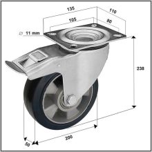 TLM-ALGU 200G-FE / Elasztikus fekete gumis ipari kerék golyóscsapággyal, alumínium felnivel, talpas forgó-fékes villa. forgóvillás kerék, önbeálló kerék, forgózsámolyos kerék, forgó kerék, 