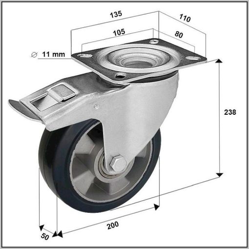 TLM-ALGU 200G-FE / Elasztikus fekete gumis ipari kerék golyóscsapággyal, alumínium felnivel, talpas forgó-fékes villa. forgóvillás kerék, önbeálló kerék, forgózsámolyos kerék, forgó kerék, 