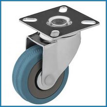 BTL-PG 075-FO / Intézményi kerék, önbeálló talpas villa, kék nyommentes gumival. - forgóvillás kerék, önbeálló kerék, forgózsámolyos kerék, forgó kerék, kisbútor kerék, műszerkocsi kerék.