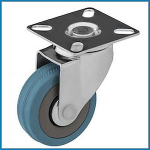   BTL-PG 050-FO /  Intézményi kerék, önbeálló talpas villa, kék nyommentes gumival. - forgóvillás kerék, önbeálló kerék, forgózsámolyos kerék, forgó kerék, kisbútor kerék, műszerkocsi kerék.