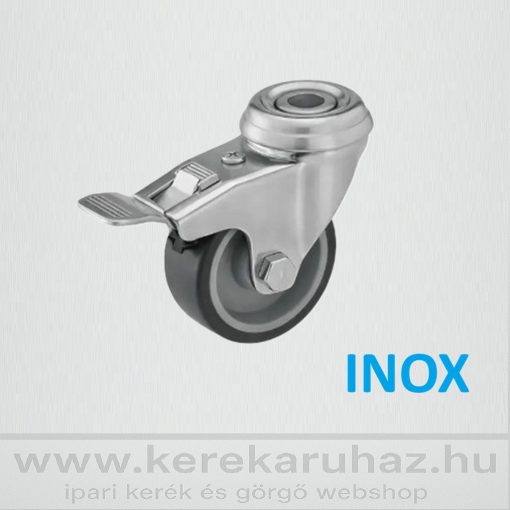 XBOS-TPA 050S-FE / INOX, hátfuratos forgó-fékes villa, szürkegumis kerék, siklócsapágy 40 Kg
