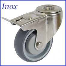 XBOS-PUJ 100G-FE /  INOX, hátfuratos, forgó-fékes, szintetikus szürke gumi műa.felni golyóscsapágy, 150 Kg