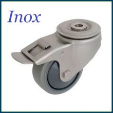 XBOS-WTE 100G1-FE – INOX hátfuratos forgó-fékes villa, nyommentes szürke futófelület, golyóscsapágy. 100 Kg, ipari kerék