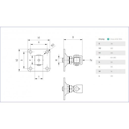 AFTX M16- INOX állítható talpas forgáspont kapuhoz, kapuzsanér.