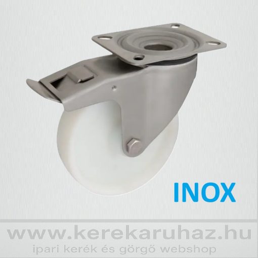 XTLS-POB 125S-FE / INOX talpas forgó-fékes villa, poliamid kerék, siklócsapágy, 200 Kg