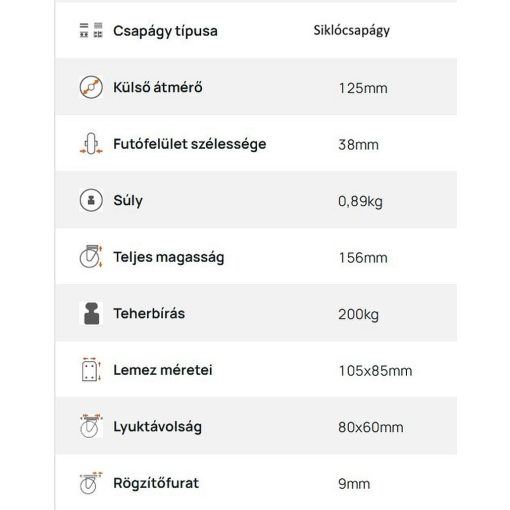 XTLS-POB 125S-FE / INOX talpas forgó-fékes villa, poliamid kerék, siklócsapágy, 200 Kg