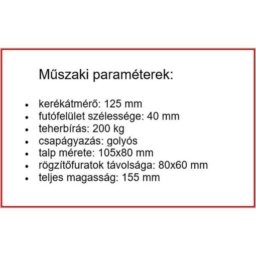 TLS-MPA 125G-FE / talpas forgó-fékes villa, lágy poliuretán futófelület (75º ShA), alumínium felni, golyóscsapágy, 200 Kg