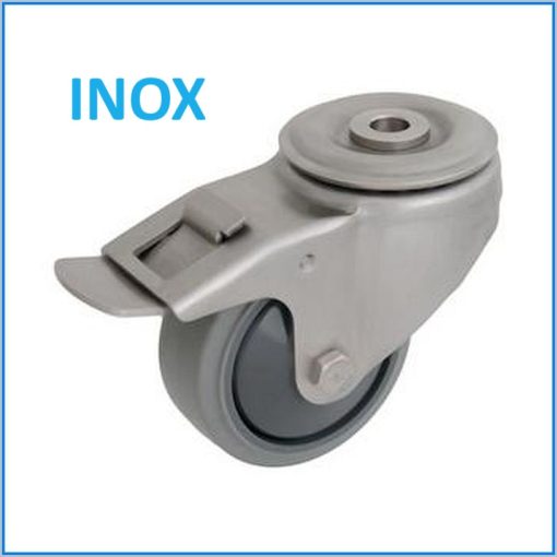 XBOS-WTE 080G1-FE – INOX hátfuratos forgó-fékes villa, nyommentes szürke futófelület, golyóscsapágy. 100 Kg