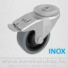 HFSX-PAGU 125G-FE / hátfuratos forgó-fékes INOX villa, szürke szintetikus gumi kerék, műa.felni, golyóscsapágy.