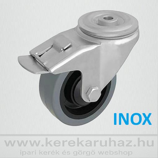HFSX-PAGU 125G-FE / hátfuratos forgó-fékes INOX villa, szürke szintetikus gumi kerék, műa.felni, golyóscsapágy.