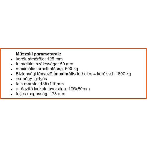 TLH-ALPU 125G-FI/(M) talpas fix villa, Poliuretán futófelület, golyóscsapágy 600 Kg