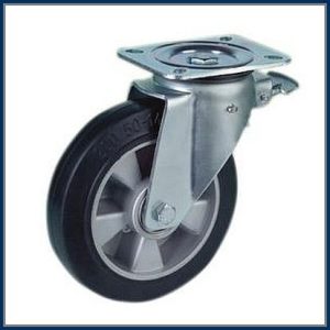   TLM-ALGU 250G-FE /Elasztikus fekete gumis kerék golyóscsapággyal, alumínium felnivel, talpas forgó-fékes villa.