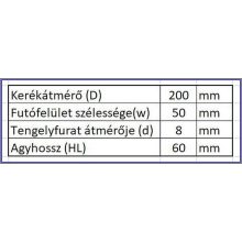 PUR 200x50/8-60/ Rollátor kerék műanyag felni, szürke PUR futófelület, golyóscsapágy