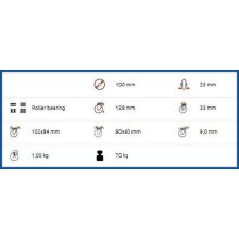 TLS-FEGU 100R-FE / Tömörgumis fémfelnis ipari kerék, tűgörgős, talpas önbeálló forgó-fékes villa