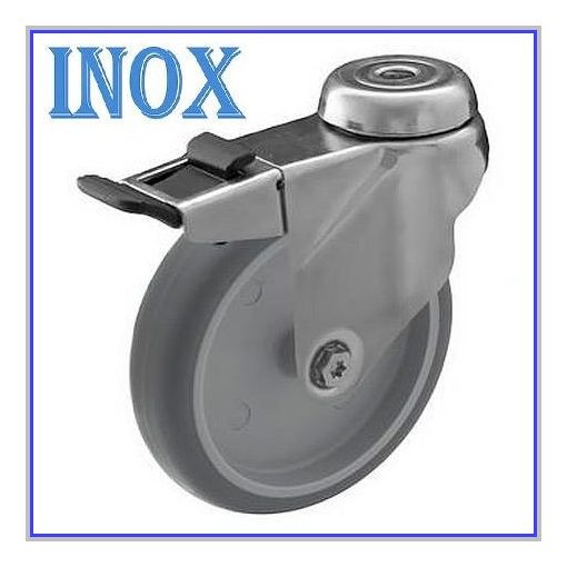 XBOS-TPAHS 125S-FE /  INOX, hátfuratos, forgó-fékes, szintetikus szürke gumi műa.felni siklócsapágy 80 Kg