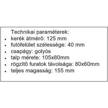 Poliamid/műanyag ipari kerék fékes villaszerkezettel és golyóscsapággyal. TLM-POKS 125 K-FE teherbírás 400 Kg