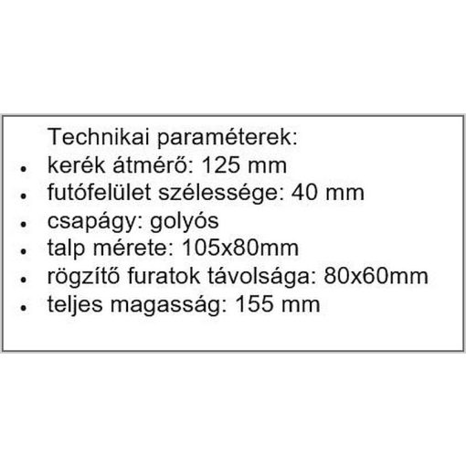 Poliamid/műanyag ipari kerék fékes villaszerkezettel és golyóscsapággyal. TLM-POKS 125 K-FE teherbírás 400 Kg
