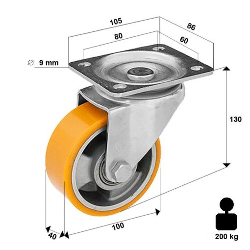 TLM-ALPU 100G-FO /200 Kg teherbírású, talpas forgó villa, PU futófelület,ALU felni, golyóscsapágy  - ipari kerék