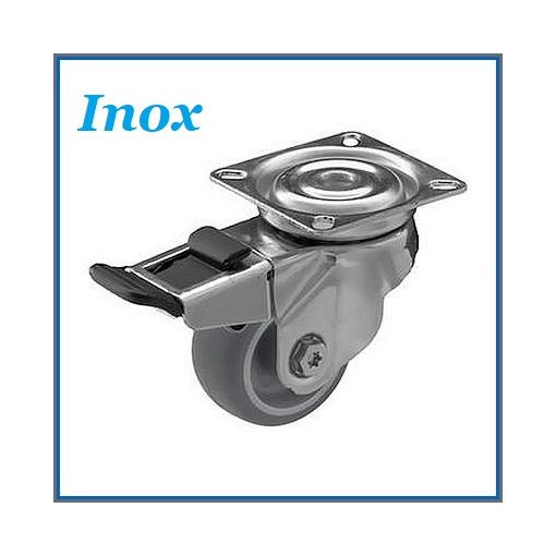 XBTL-TPATS 075S-FE – Talpas forgó-fékes villa, INOX, szürkegumi, nyommentes, siklócsapágy, 60 Kg//25