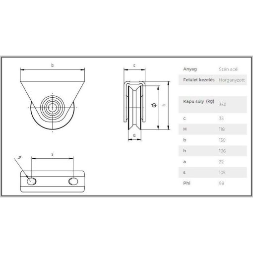 TKTA100Y- Tolókapu görgő, talpas "Y" profil 