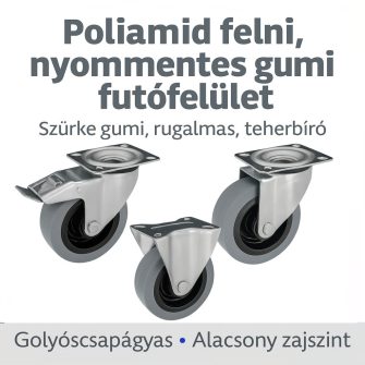 Szürke gumi futófelületű kerekek poliamid felnivel <br /> ipari minőség, halk működés.