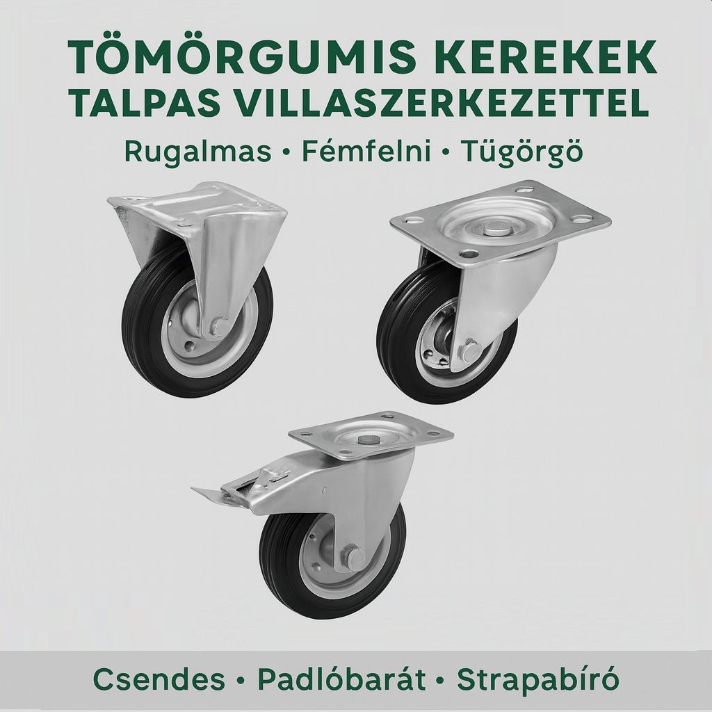 Fémfelnis, tömörgumis ipari kerekek – megbízható megoldás anyagmozgatáshoz.
